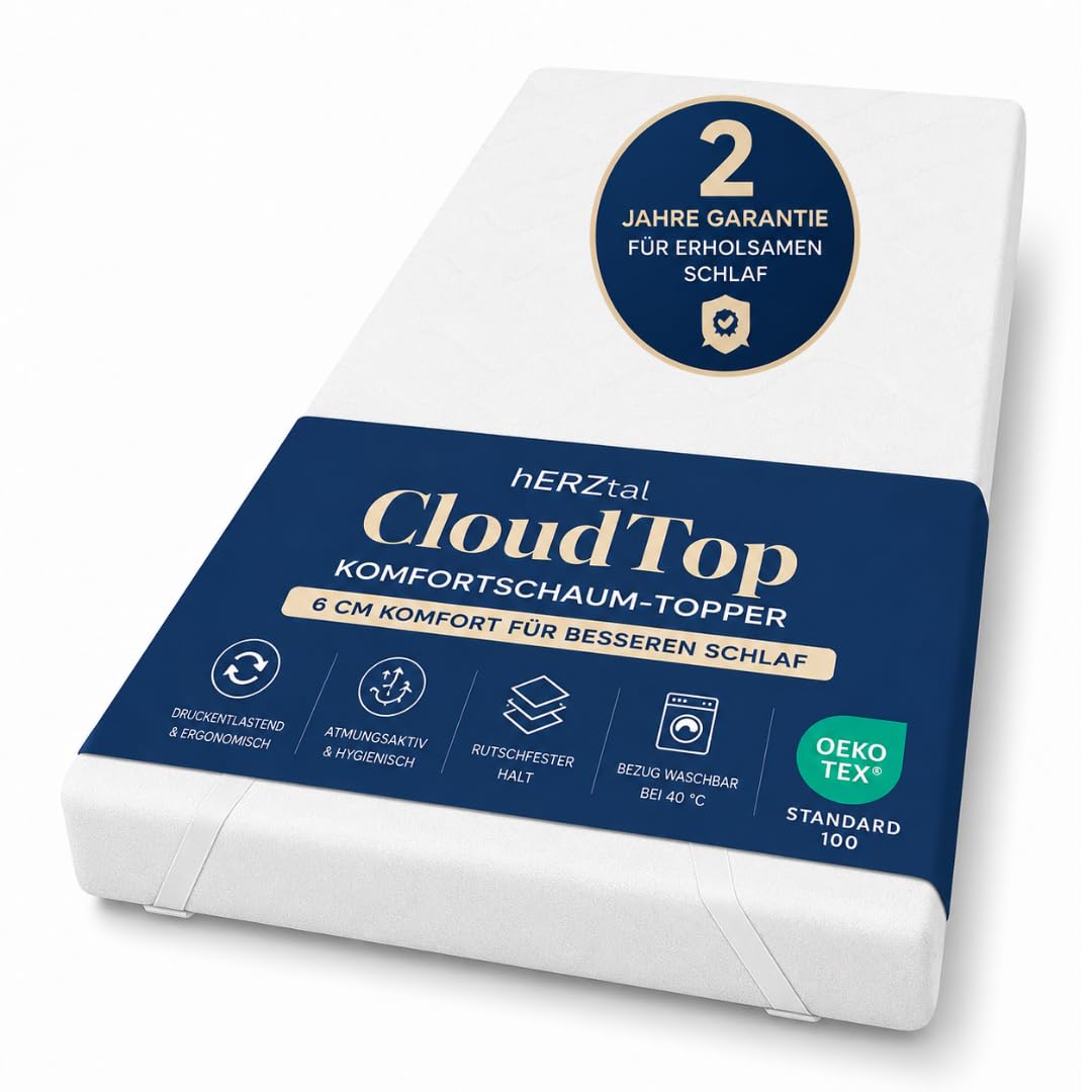 CloudTop Komfortschaum-Topper 6 cm – Matratzentopper mit Hybrid-Komfortschaum, atmungsaktivem & waschbarem Bezug, Oeko-TEX® Standard 100, 4 elastische Eckbänder, druckentlastend (90x200)