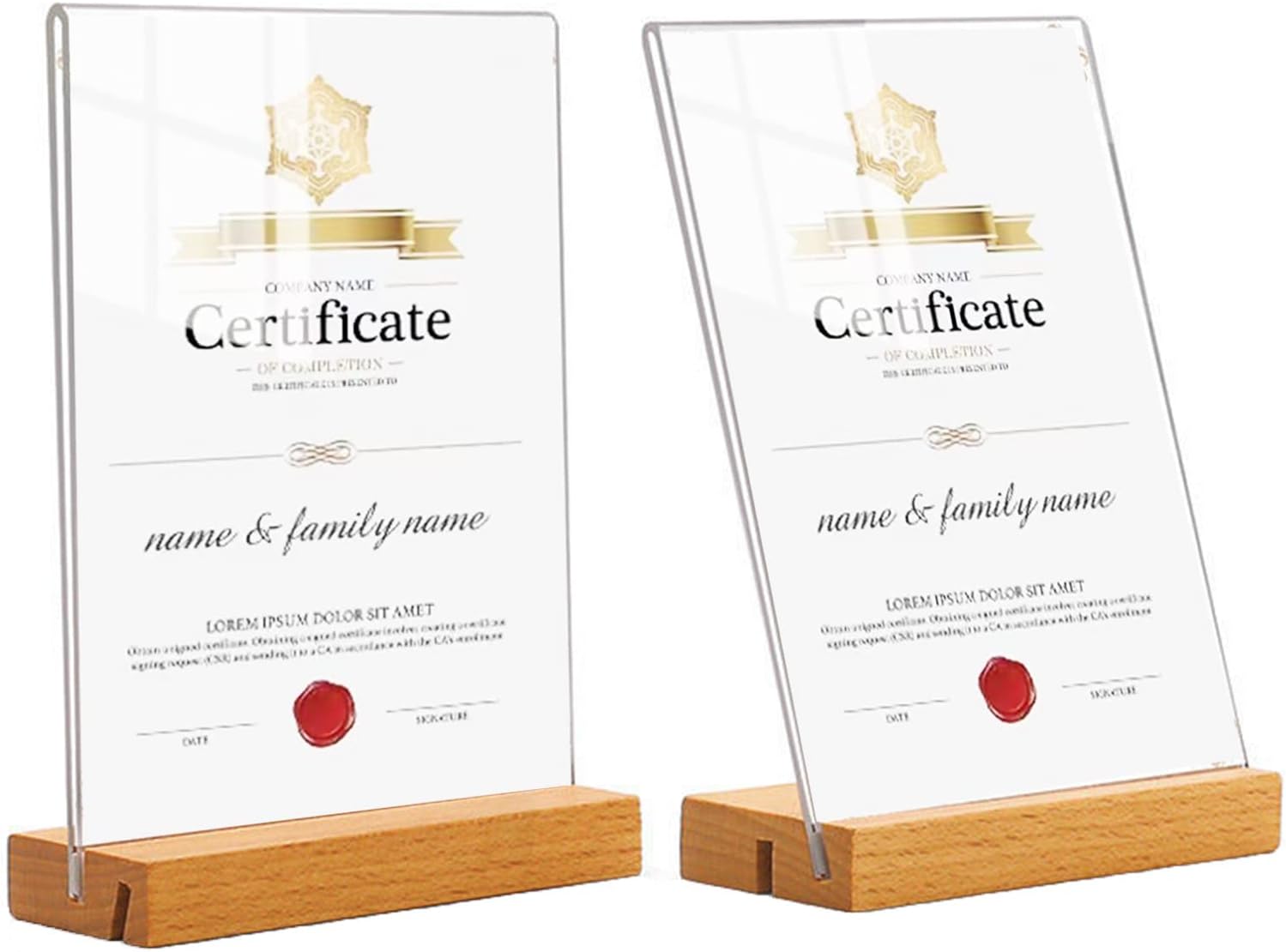 2X A4 Sign Holder with Wooden Base, Acrylic Poster Menu Holder, Table Stands, 2 Types Place Way, Menu Display Holder, Flyer Document Paper Display Stand for Restaurant, Hotel, Office, Exhibition