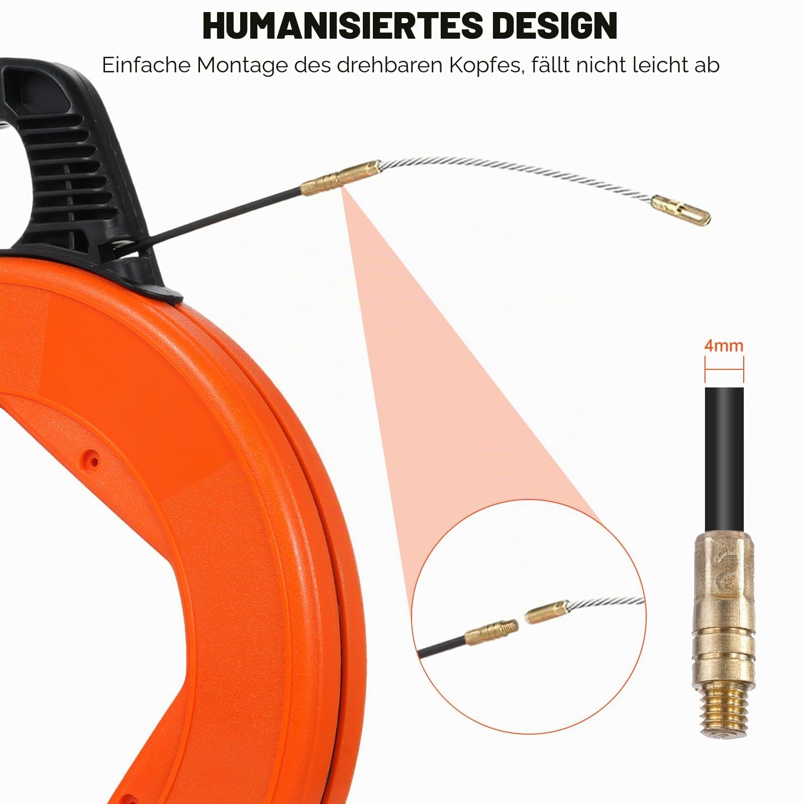 Kabeleinziehhilfe 30m, 4mm Einziehspirale, Zugdraht für Leerrohre mit 6 Adapter, Kabelziehhilfe mit Kunststoffgehäuse und Handgriff, Einzugshilfe Kabel für Elektroarbeiten