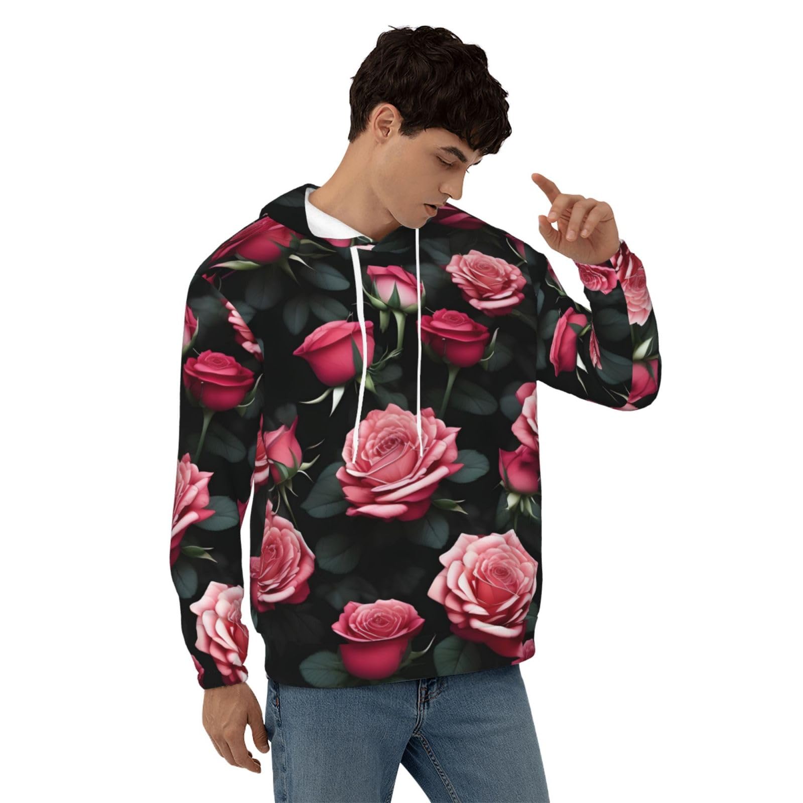 Męska bluza z kapturem z kwiatem róży z wieloma nadrukami, casualowa grafika z nadrukiem bluzy z kapturem z kieszenią