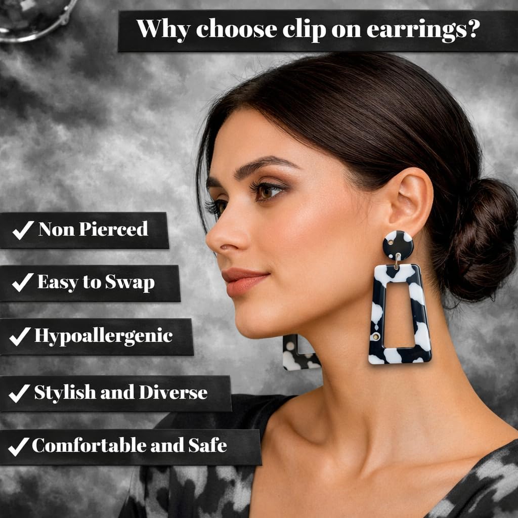 Symvikio Statement Clip On Earrings for Women, Statement Rectangle Geometric Dangle Drop Earring Clips for Non Pierced Jewelry Gifts - Image 2