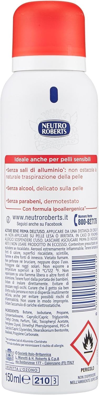 Neutro Roberts DermaZero - 12 deodoranti spray, olio di glicerina puro, zero alcool, protezione 48h, per uomo e donna, 150 ml, con portachiavi Italy Shop Service