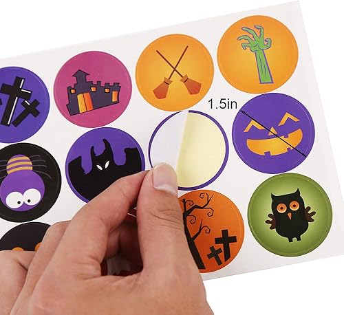 Miniatura 2 de 96 hojas de calcomanías de Halloween, calcomanías adhesivas redondas de murciélagos de calabaza, arañas, brujas, calcomanías para decoración de