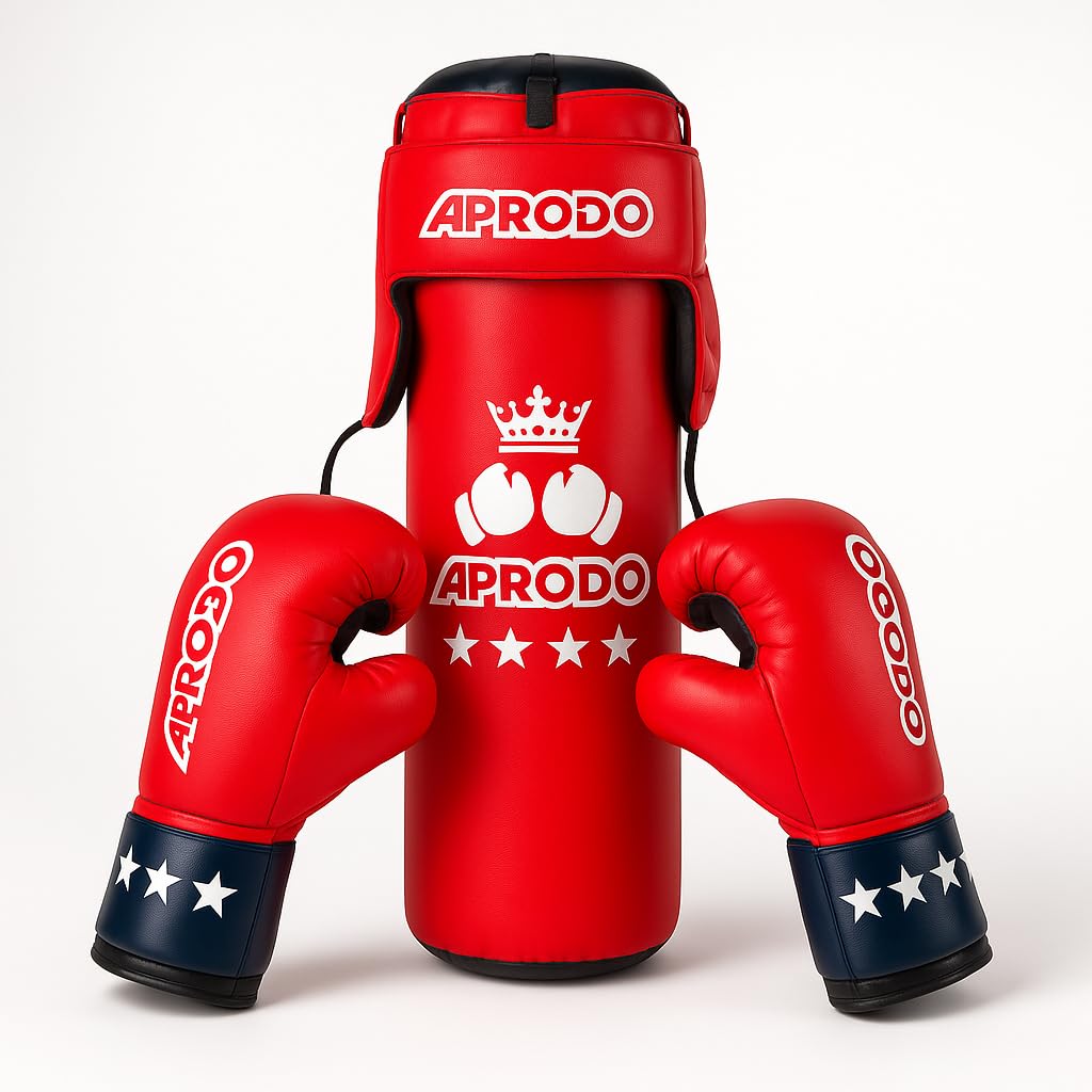 APRODO Kids Boxing Kit Set | Pack of 4 (Boxing Gloves, Head Guard & Punching Bag) | Great for Age 3, 4, 5, 6, 7, 8 Years Old Girls & Boys (RED-Black)
