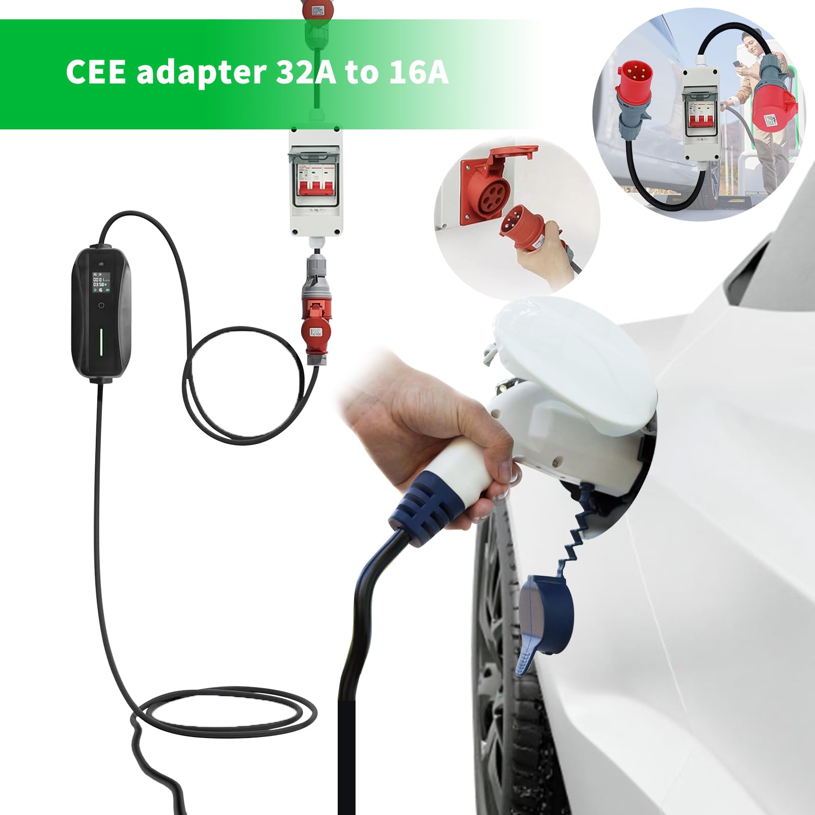 Cordon Adaptateur 32A,Adaptateur CEE 32A vers 16A Apporter Câble d'alimentation Caoutchouc,CEE Câble de Rallonge (1M) Rallonge Exterieure étanche Prise, Adaptateur pour Caravane,Camping Car