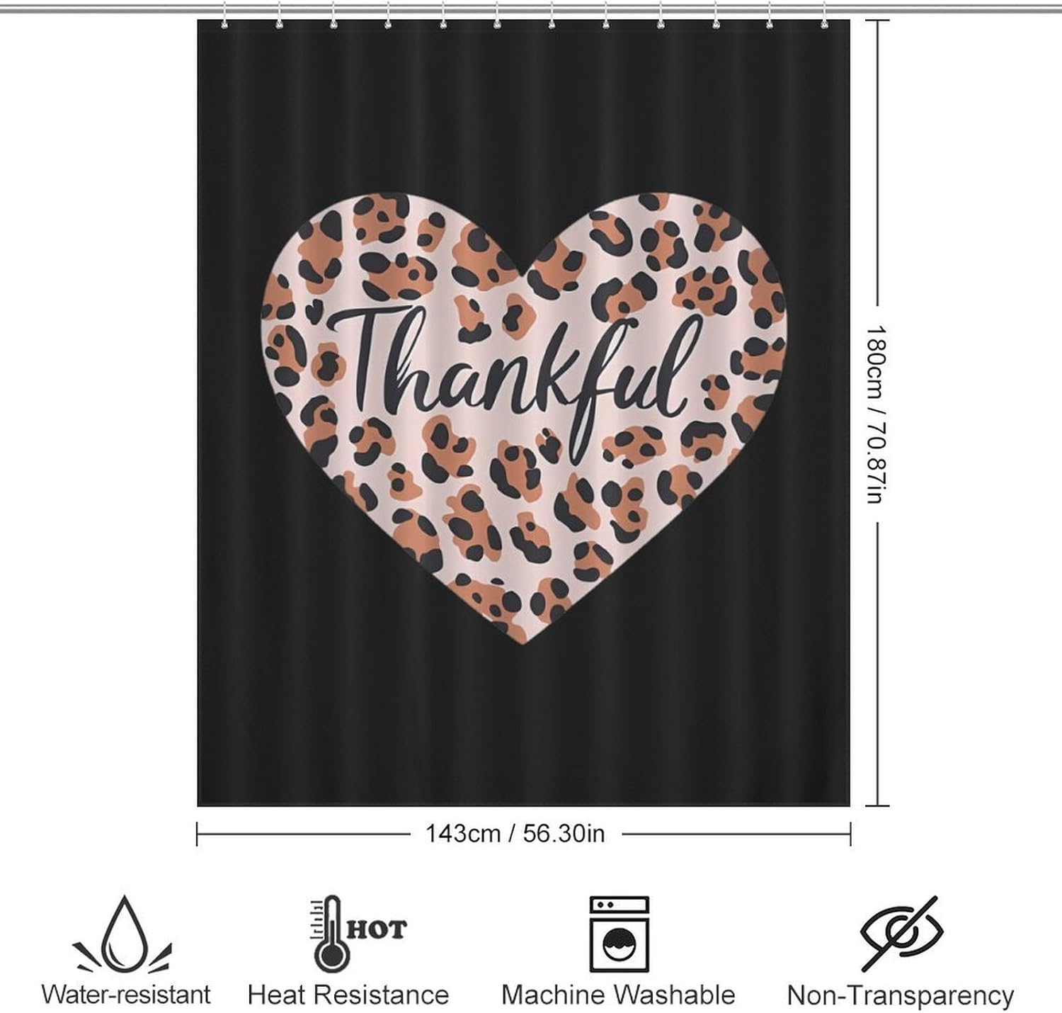 Colored Leopard Heart Thankful Funny Shower Curtains Washable Bath Curtain Liner with Hooks for Bathroom Bath Tubs