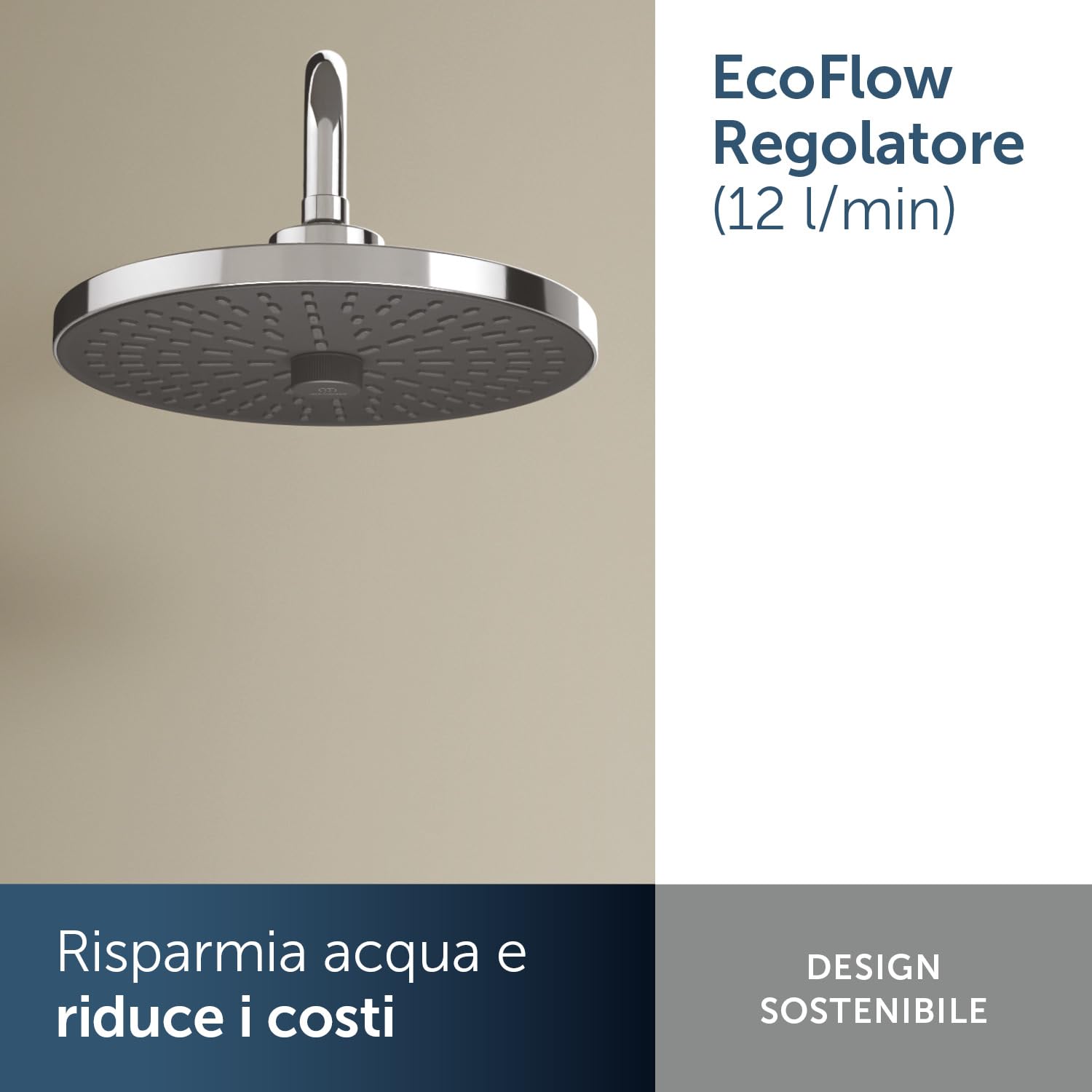 Ideal Standard Idealrain Alu+ Kit doccia, con due tipi di getto selezionabili tramite commutatore rotante, doccia a pioggia a risparmio idrico con ugelli EasyClean – Cromo (260x91x260 mm)