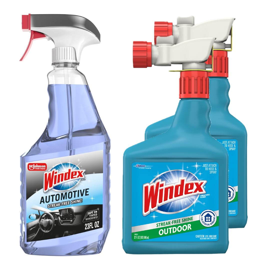 Windex Automotive &amp; Outdoor Window Cleaner Bundle – Includes 23oz Automotive Glass Cleaner for Streak-Free Car Windows &amp; 2 Count 32oz Outdoor Hose Window Cleaner, Ammonia-Free, Patio &amp; Exterior Shine