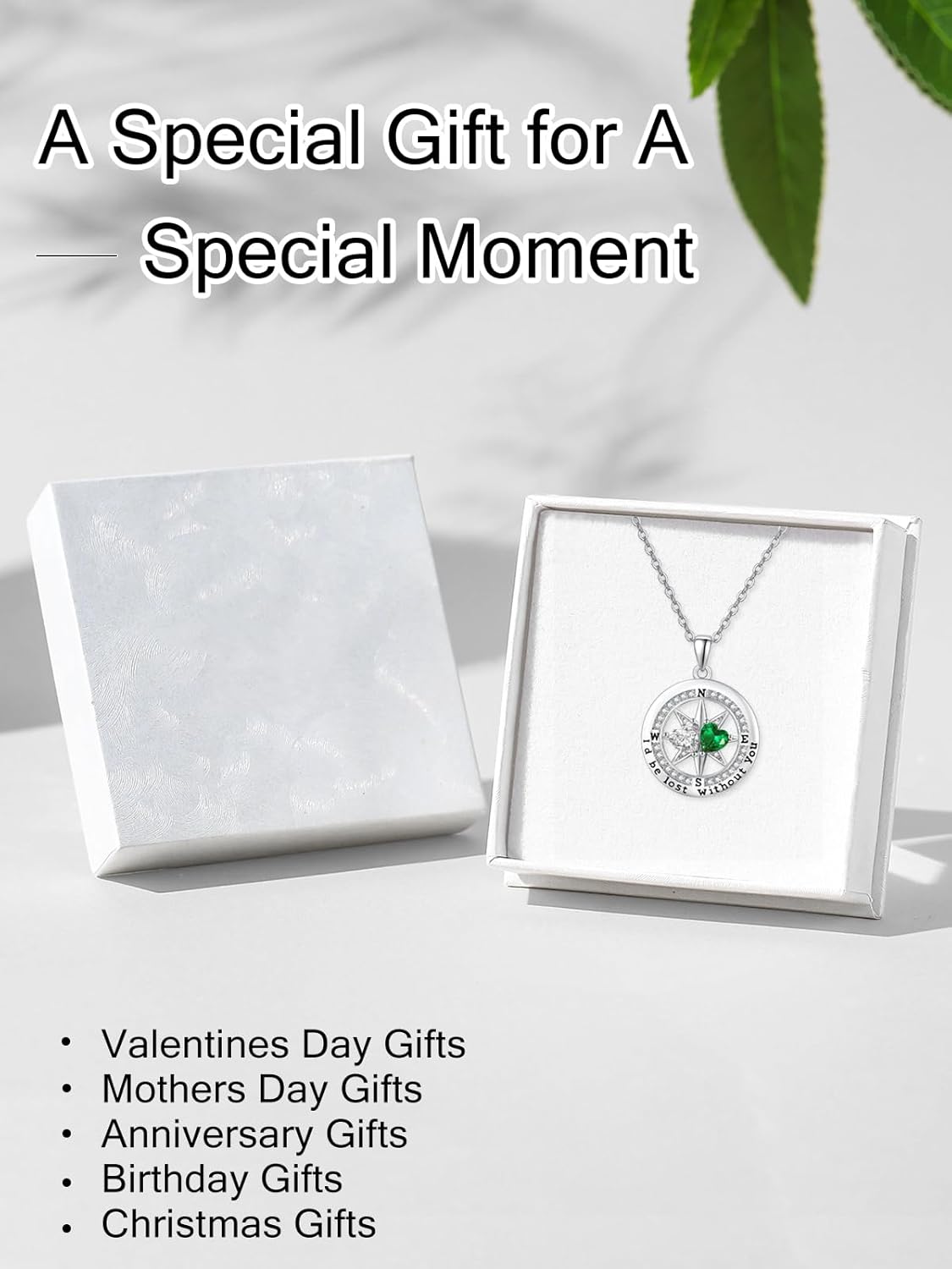 Valentines Day Necklace Gift for Wife Silver Compass Double Birthstone Pendant Necklaces for Her Wife Anniversary Birthday Gifts Diamond & Green Emerald April & May - Image 6