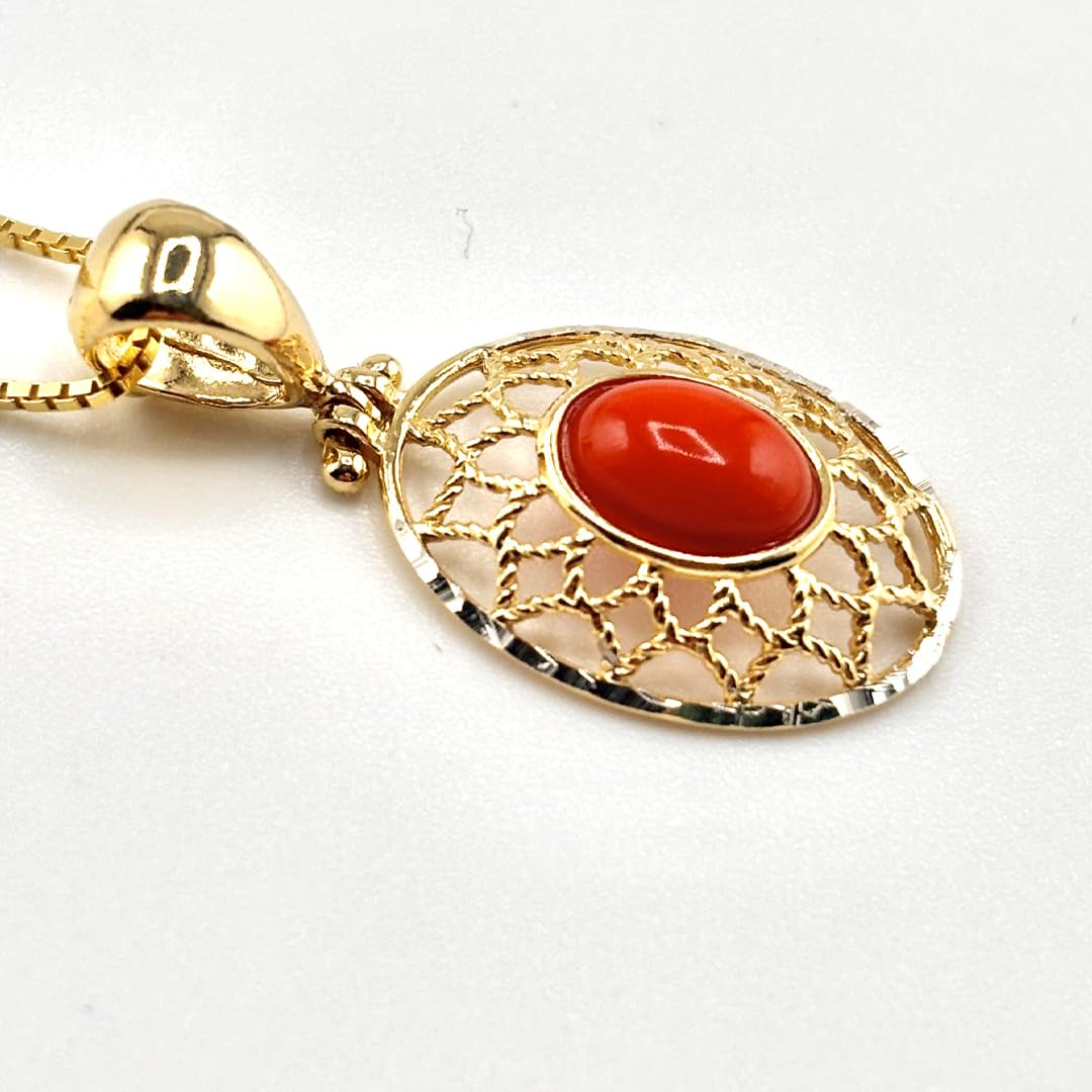 Ciondolo elegante in argento 925 dorato filigrana con corallo rosso naturale del Mediterraneo catenina veneziana 45 cm gioiello donna ragazza elegante artigianale