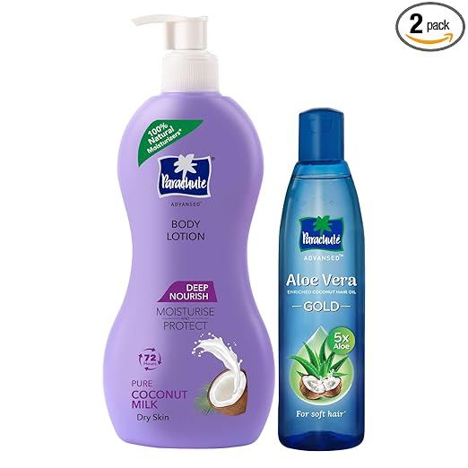 Parachute Advansed Body Lotion Deep Nourish, 100% Natural, Dry Skin Moisturizer, 400ml & Aloe Vera Gold Coconut Hair Oil, Makes Hair Sooperr Soft, 400 ml at Rs. 250
