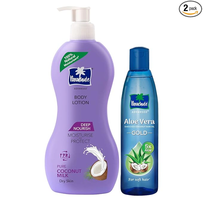 : Parachute Advansed Body Lotion Deep Nourish, 100% Natural, Dry Skin Moisturizer, 400ml & Aloe Vera GOLD Coconut Hair Oil, Makes hair Sooperr soft, 400 ml at Rs. 277