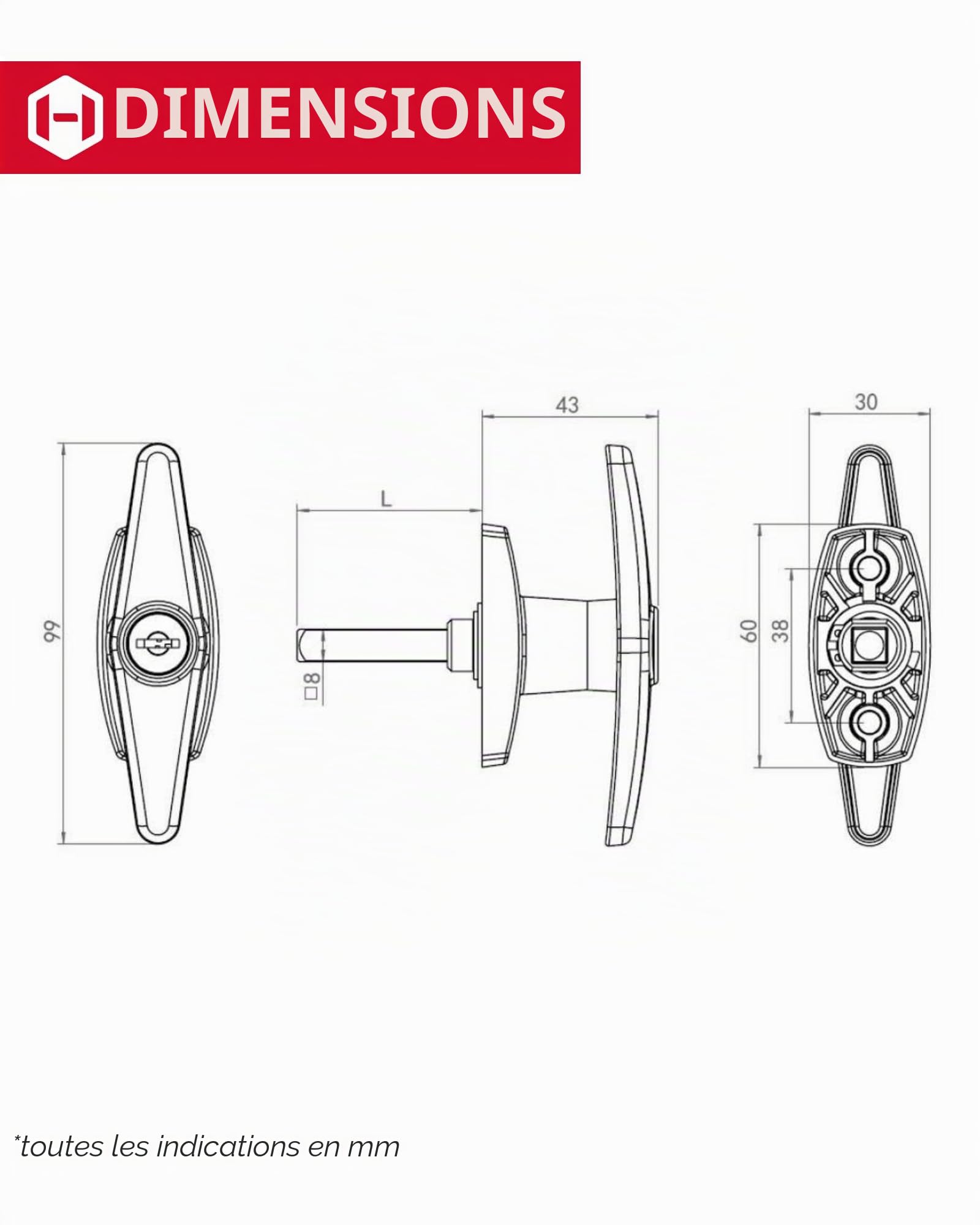 JUVA Poignée de porte de garage verrouillable – poignée en T chromée avec carré 8 mm, métal poli – pour portes basculantes – manœuvre sûre & haute résistance aux intempéries