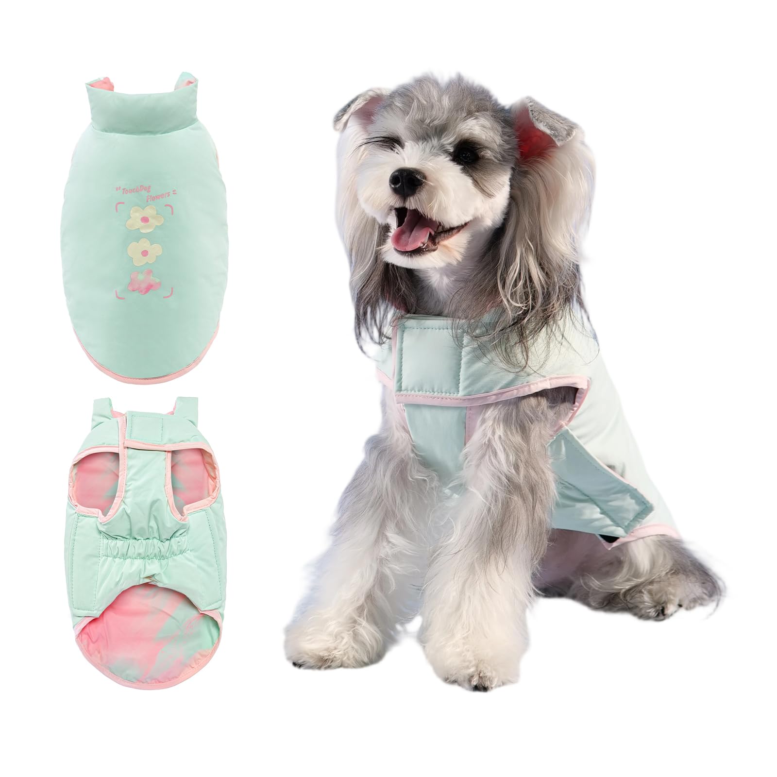 Touchdog Chaleco reversible de invierno para perro, 90 % de relleno de plumón, chaqueta ligera y cálida para perros pequeños y medianos, resistente al agua, al viento, protección contra el frío (verde