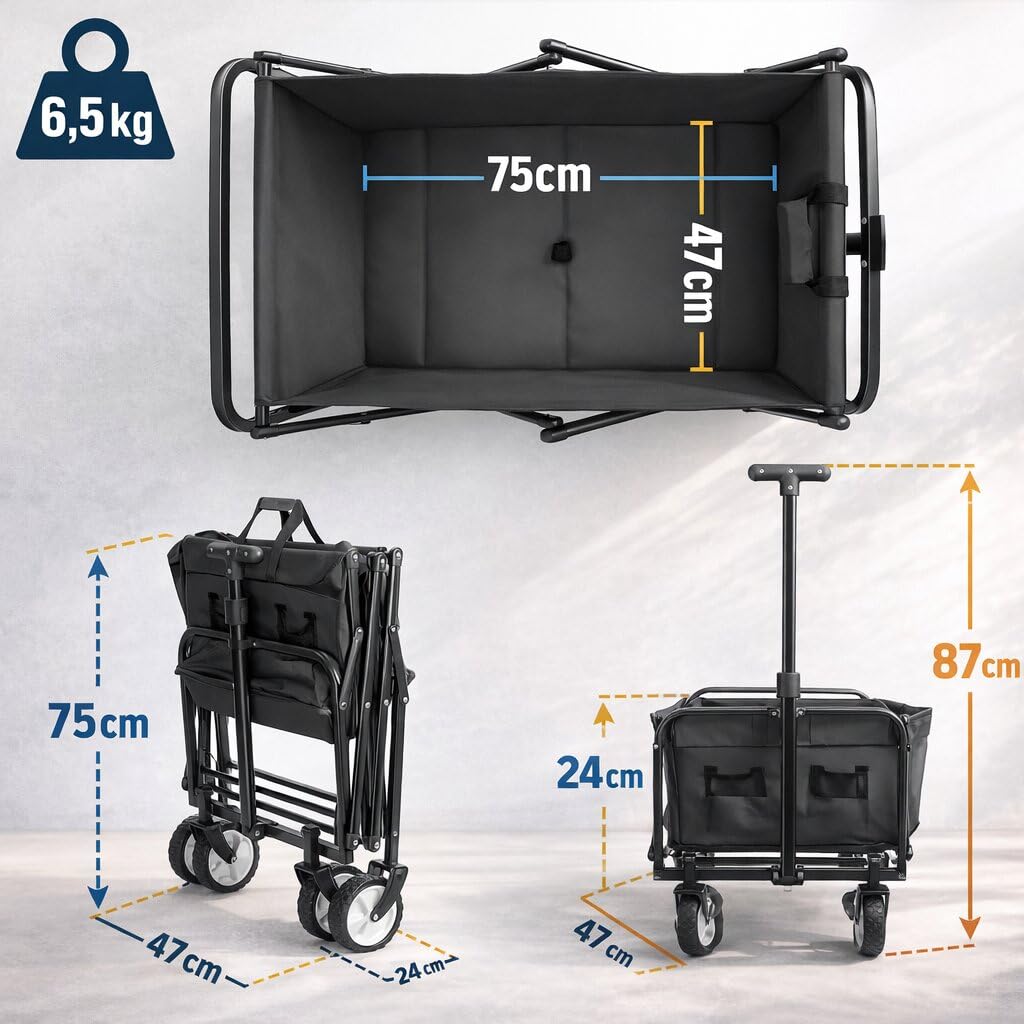 BigDean Bollerwagen faltbar bis 80kg grau schwarz kompakter Faltbollerwagen | Transportwagen klappbar - Handwagen für Camping, Einkäufe, Garten, Festival & Ausflüge