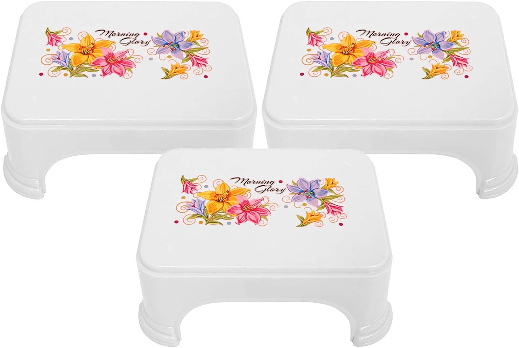 Kuber Industries Floral Print 3 Pieces Plastic Bathroom Stool, Adults Simple Style Stool Anti-Slip with Strong Bearing Stool for Home, Office, Kindergarten, White-KUBMART10873