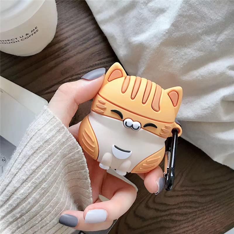 Image of Earphone Case for AirPods Pro /Pro 2, Cute Sitting Smiling Happy Lucky Cat Case Soft TPU Silicone Case, Lovely Yellow Grey Kitty AirPods Pro /AirPods Pro 2 Cover Protective Skin Protector -Yellow