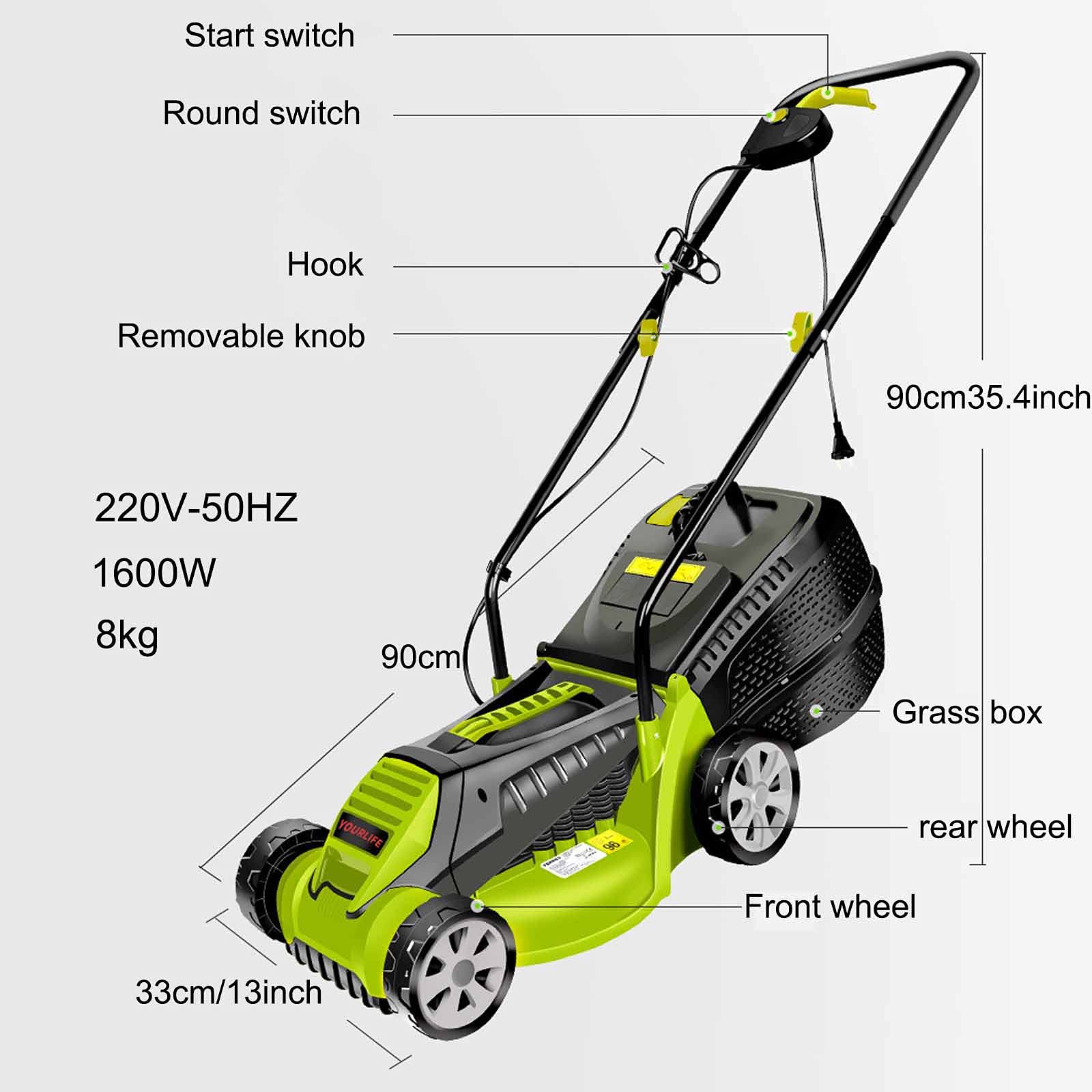 Arieggiatore Elettrico con Cavo, spazzatrice da Giardino a Spinta da 13 Pollici, robuste Ruote in Gomma e Altezza di Taglio Regolabile, Tosaerba Leggero con Guida da Terra Trasparente, Verde