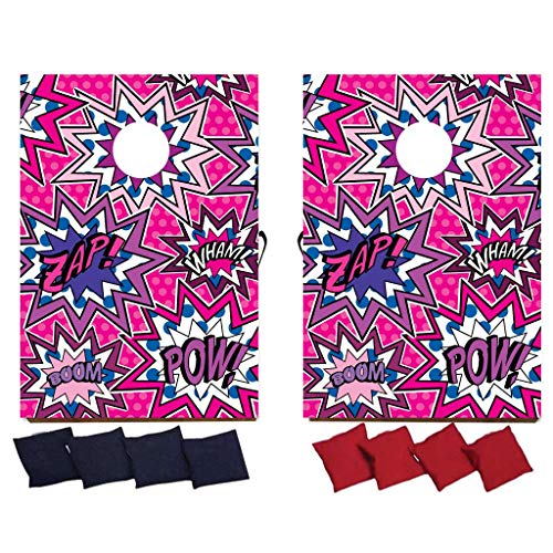 VictoryStore Cornhole Games: Super Hero Pow Bag Toss Game Super Hero Cornhole 8 Bags Included (Pink, Blue, Purple)