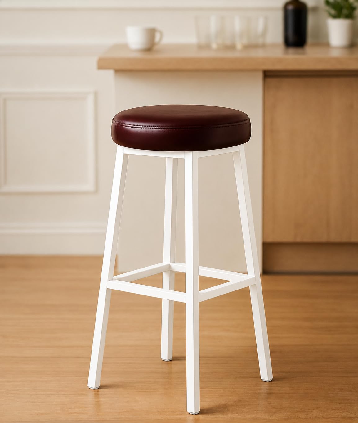DEV INTERIOR Bar Stool Chair For Kitchen | Bar Stool Chair with Cushioned Seat | Wooden Metal Bar Stool | High Counter Chair for Kitchen Island, Breakfast Counter, Home, Cafe & Restaurant (White)-image-3