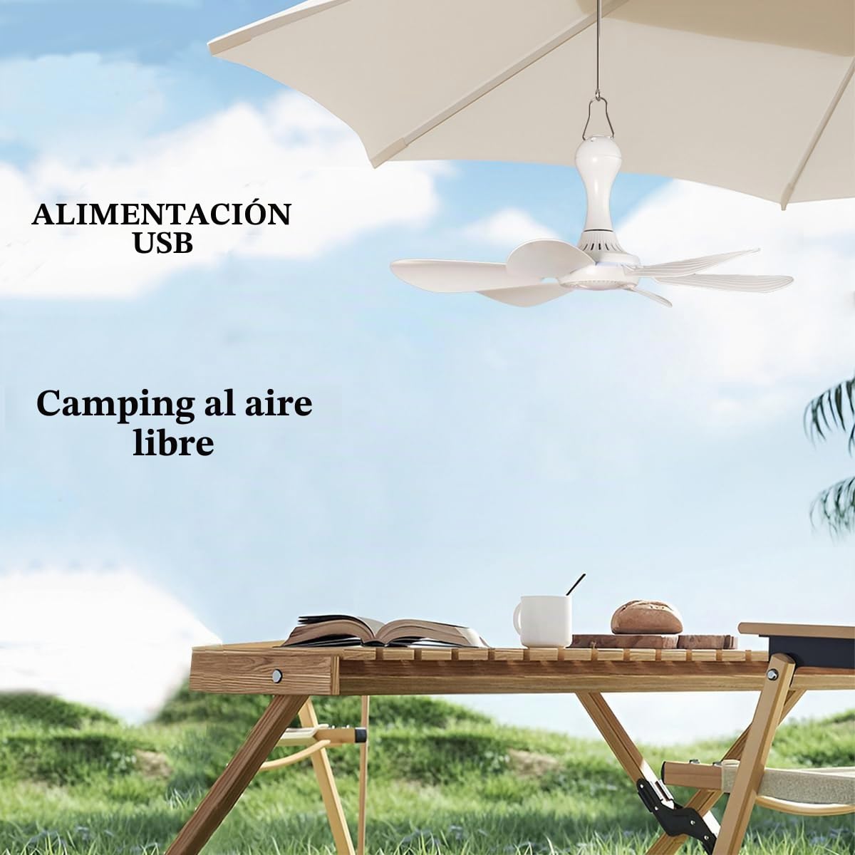 Mini ventilador de techo portátil, 4 niveles de viento, alimentado por USB, diámetro 42 cm, 5 W (mando a distancia)