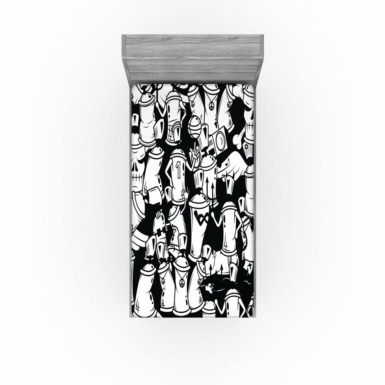 Ambesonne Urban Graffiti 2 Pack Fitted Sheet, Devil Spray Cans, Bed Cover All-Round Elastic Deep Pockets 2 Pieces, Package Contains 2 Twin XL Size Fitted Sheets, White and Black