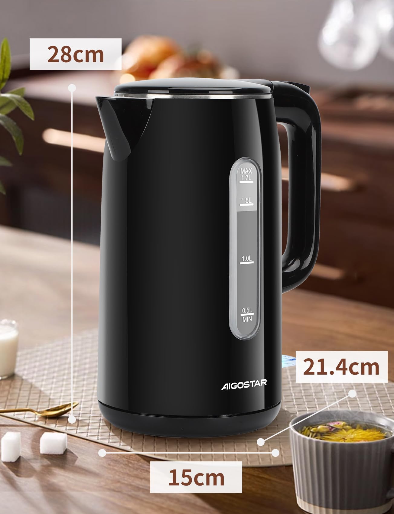 Aigostar Bollitore Elettrico Acciaio Inox Nero 1,7 Litri - Bollitura Rapida Electric Kettle 2200W, Doppio Isolamento, Senza Plastica All'interno, Senza BPA, Visualizzazione del Livello Dell'acqua