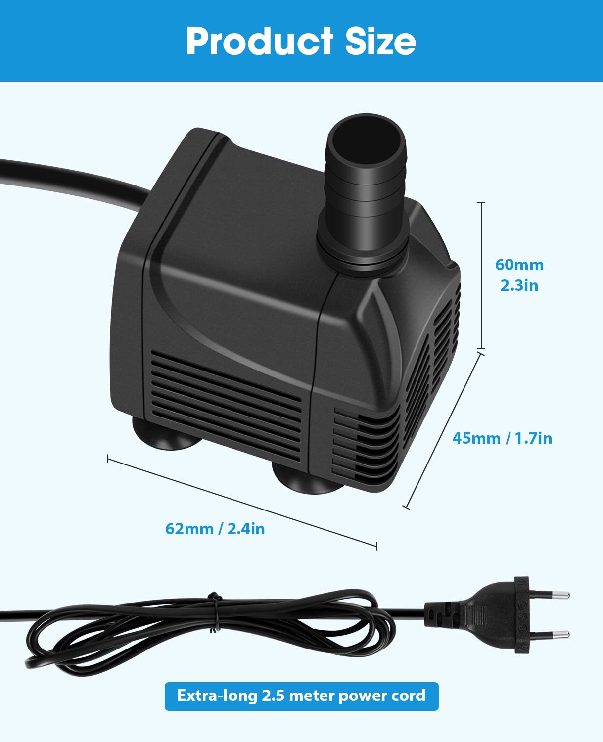 MOSFiATA Mała pompa głębinowa – zasięg 800 l/h, 220 V, 10 W, kabel 2,5 m, wąż 1,5 m i 2 dysze – idealna do akwariów, ogrodów, studni i stawów
