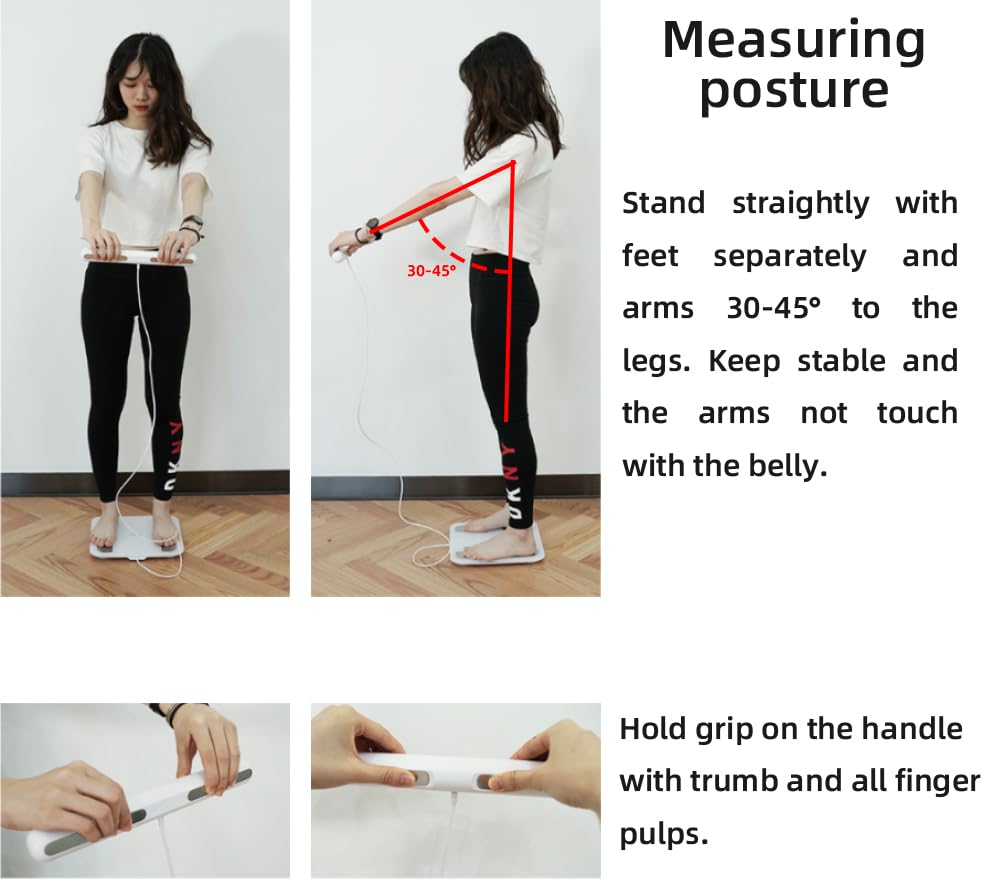 Diagram illustrating the correct posture for using the Fitdays Smart Body Fat Scale, showing arm and leg positioning.