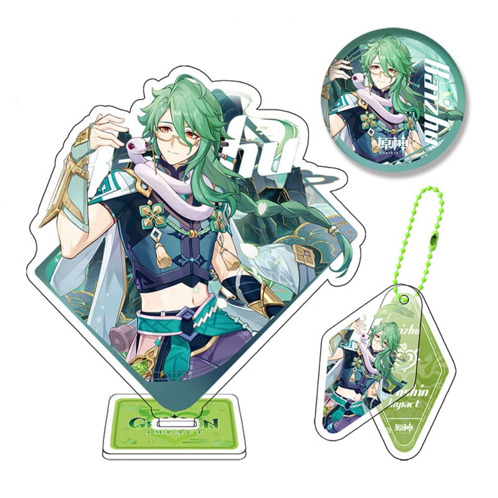 Hanaiette 3pcs Genshin Impact theme gift box set stand-up brand keychain badge boxed high-transparency acrylic (Baizhu)