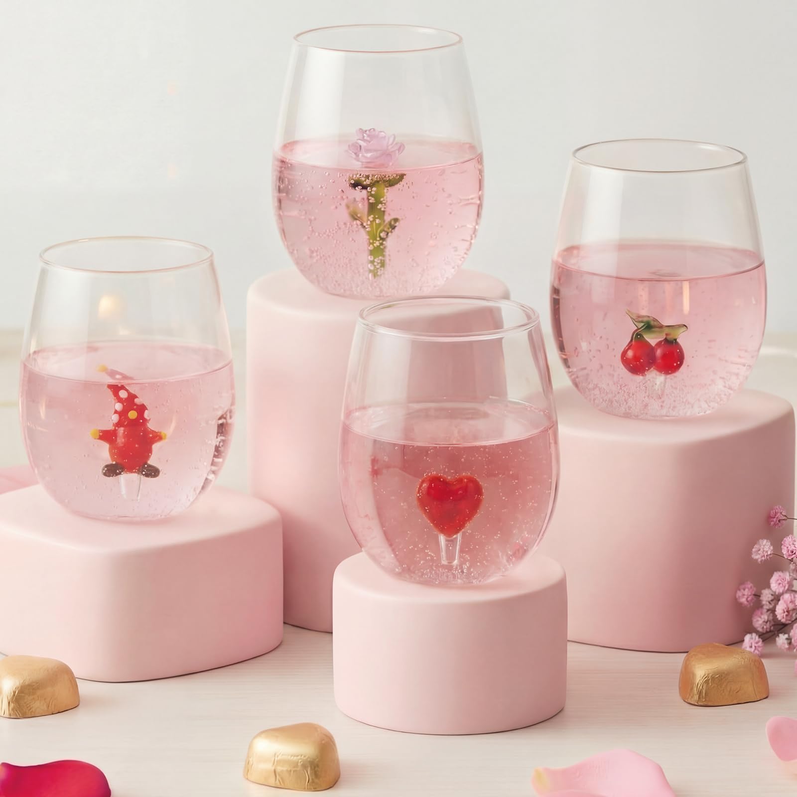 4 Pcs Valentines Drinkware with Figurine Inside 12 oz Valentines Wine Glasses Heart Rose Cherry Gnome 3D Figurine
