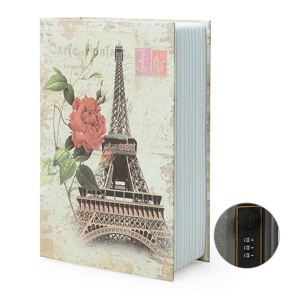 Small Sized Diversion Book Safe Storage Box, Dictionary Secret Safe Can with Security Combination Lock/Key, Diversion Book Hidden Safe (Combination, Paris)