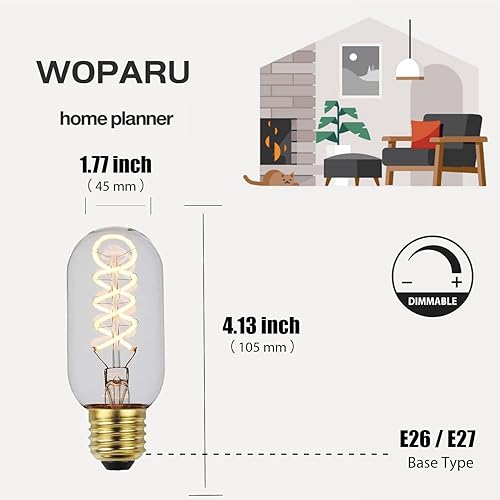 Miniatura 2 de Bombilla LED vintage T45 Edison de 4 W, bombilla incandescente regulable, base E27E26, forma tubular equivalente a 40 W, 2200 K, 2200 lúmenes,
