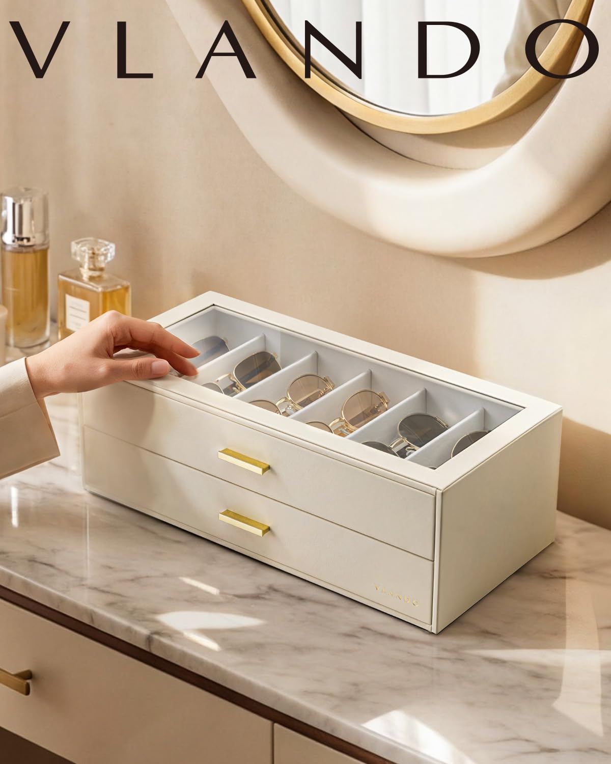 VLANDO Sonnenbrillen Aufbewahrung 2 Etagen, Brillen Aufbewahrungsbox mit Transparentem Glasdeckel für 12 Brillen, Sonnenbrillen Organizer zur Aufbewahrung Mehrerer Brillen, Beige