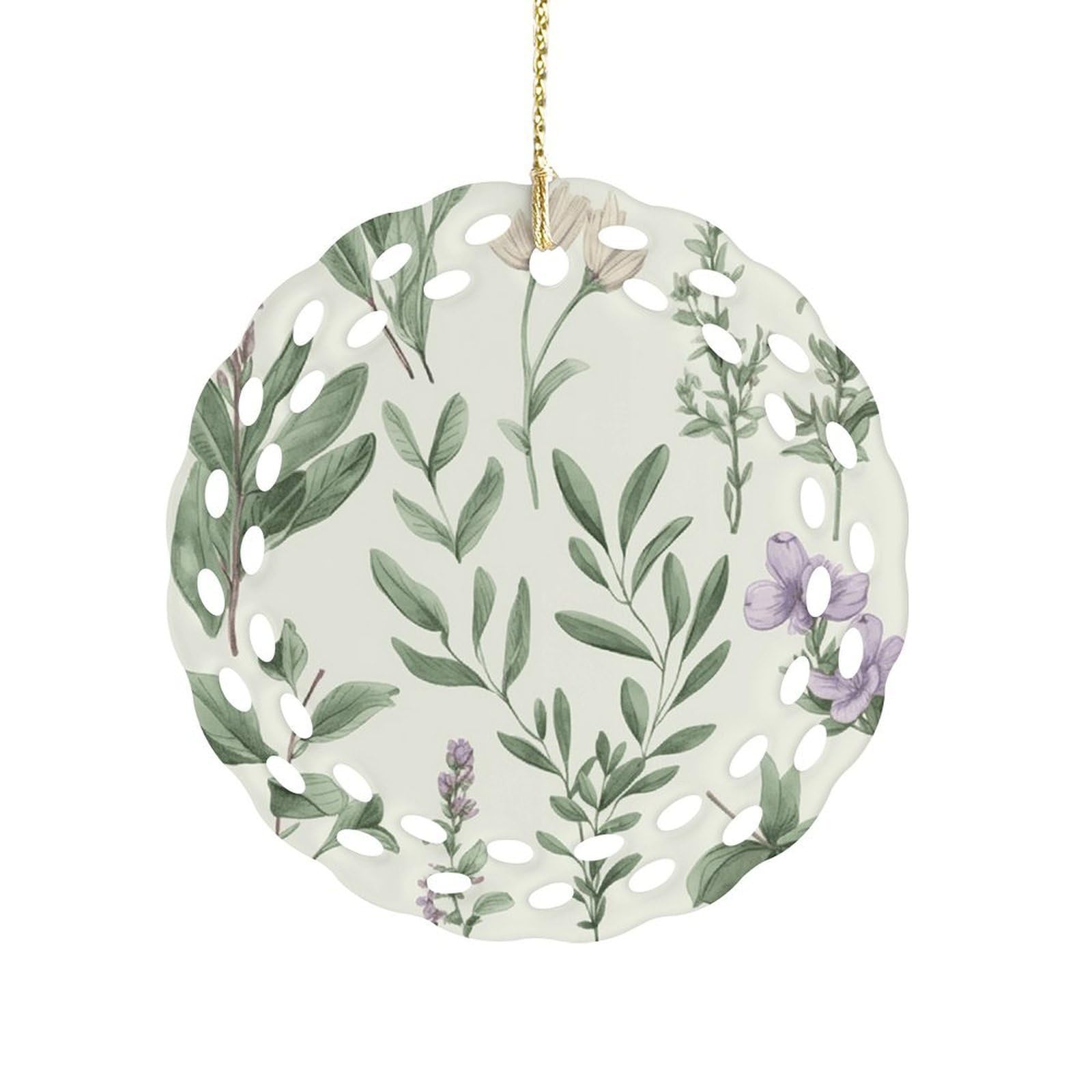 Green Flower Herb Sage Leaves and Branches Christmas Ornament Holiday Hanging Decoration Xmas Tree Keepsake Personalized Xmas Tree Ornament Round Ceramic Ornaments for Keepsake Gifts Ideas Home Decor