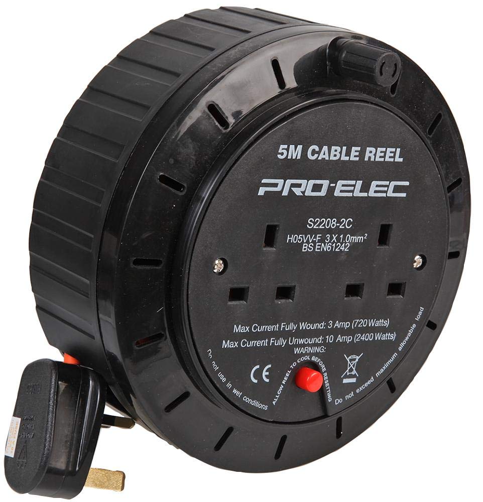 PRO ELEC PEL01276 2-Gang Cable Reel Mains Extension, 5m