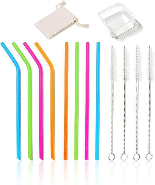 8 Pack Silicone Reusable Straws with Carrying Cases and Cleaning Brushes, Eco-Friendly Food Grade Silicone Straw BPA Free