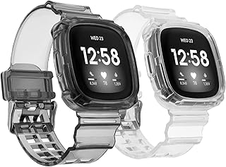 2 Pack Band Compatible with Fitbit Versa 4/Fitbit Versa 3/Fitbit Sense 2/Fitbit Sense Women Men,Soft Breathable Silicone with Bumper Protective Case Replacement Bands for Versa 4/Versa 3/Sense 2/Sense