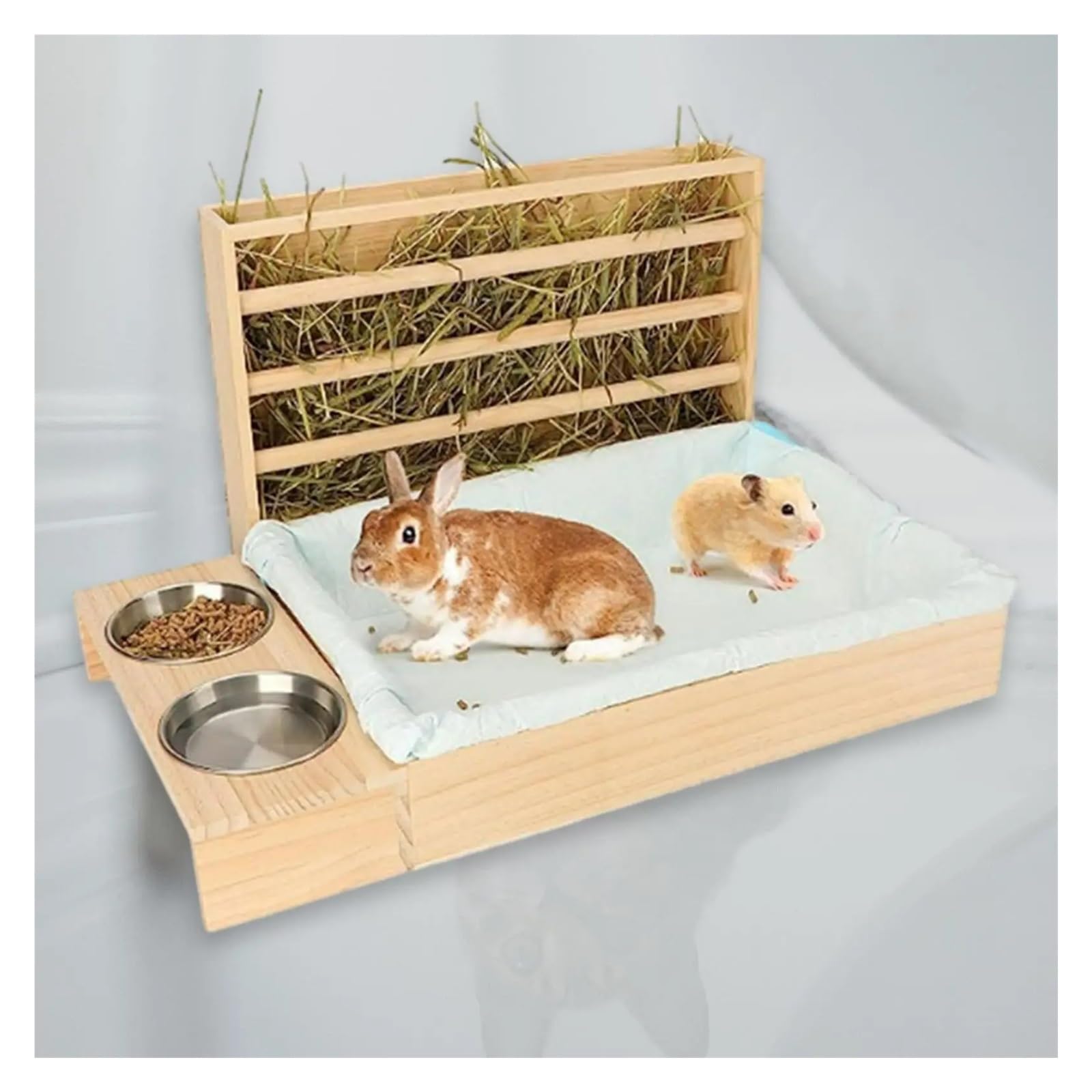 Distribuidor automático de heno para Conejos Dispensador de Comida for Conejos, comedero heno Madera con Caja Arena, Cuencos, alimentador Agua for, hámster, Animales pequeños