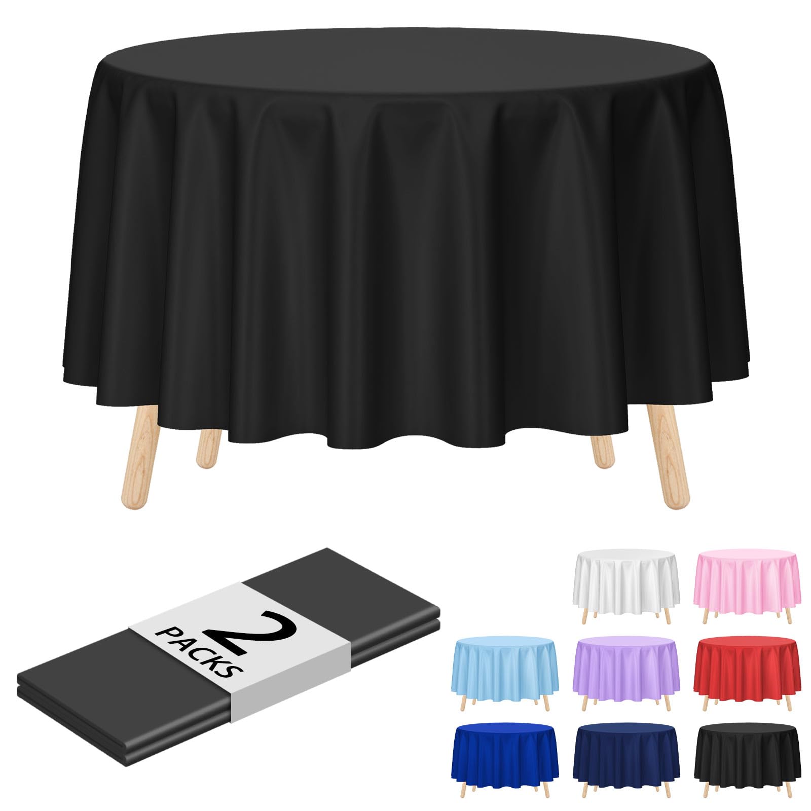 Kopokita 2 Pack Black Round Disposable Plastic Tablecloths 84 inch Party Table Covers - tablecloths | Mubboo
