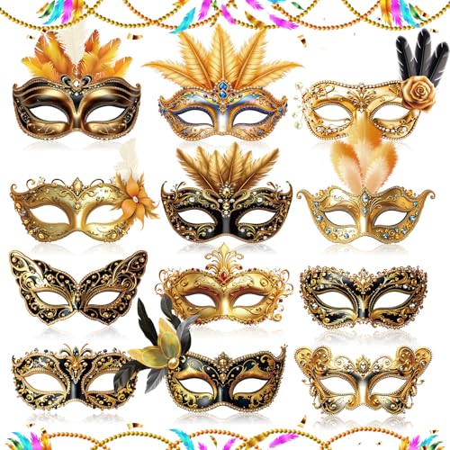 12 PCS Mardi Gras Masks Paper Glitter Gold Masquerade Masks Vintage Feather Masks Parade Prom Party Favors for Men Women Kids New Orleans Mardi Gras Costume New Year Photo Booth Props