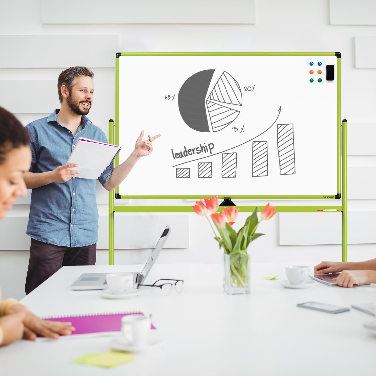 Large Dry-Erase Rolling Magnetic Whiteboard - 48 x 32 Inches Dry Erase Board with Stand Height Adjust Double Sides Mobile White Board Easel on Wheels with 25 Sheets Paper Pad Office, Home & Classroom