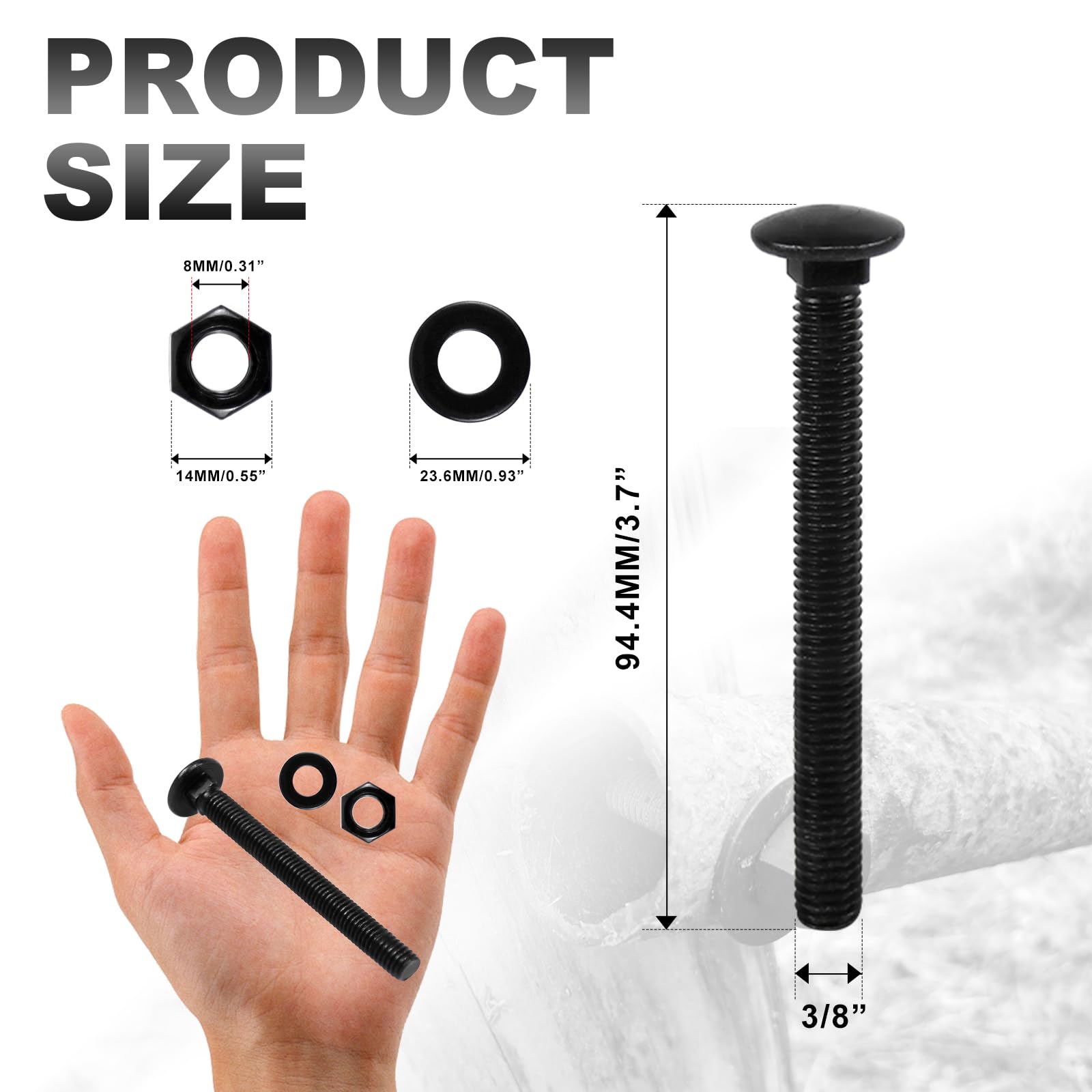 CNQLIS Carriage Bolt Kit – 3/8” X 3-1/2”, Black Rustproof Coated, 25-Pack – Includes Nuts & Washers – For Wood Joists, Pavilions, Roof Framing