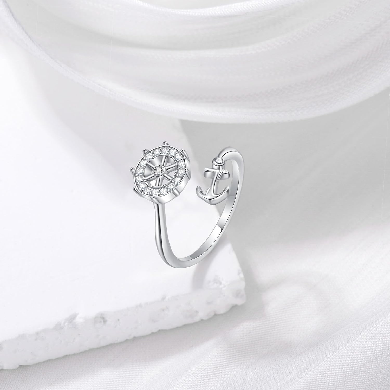 925 Sterling Silver Nautical Anchor Ring for Women Adjustable White Sapphire Open Ring with Blue Gemstone Ring Ocean Sea Minimalist Theme Jewelry - Image 5