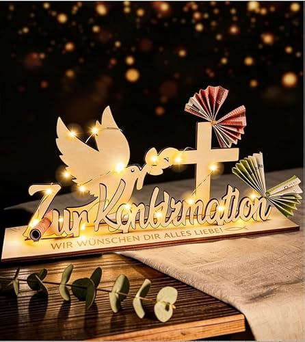 Geschenke zur konfirmation Mädchen Jungen, Geldgeschenk Konfirmation aus Holz mit LED Lichterkette, Also Tischdeko & Deko, Konfirmationsgeschenke für Jungs Mädchen
