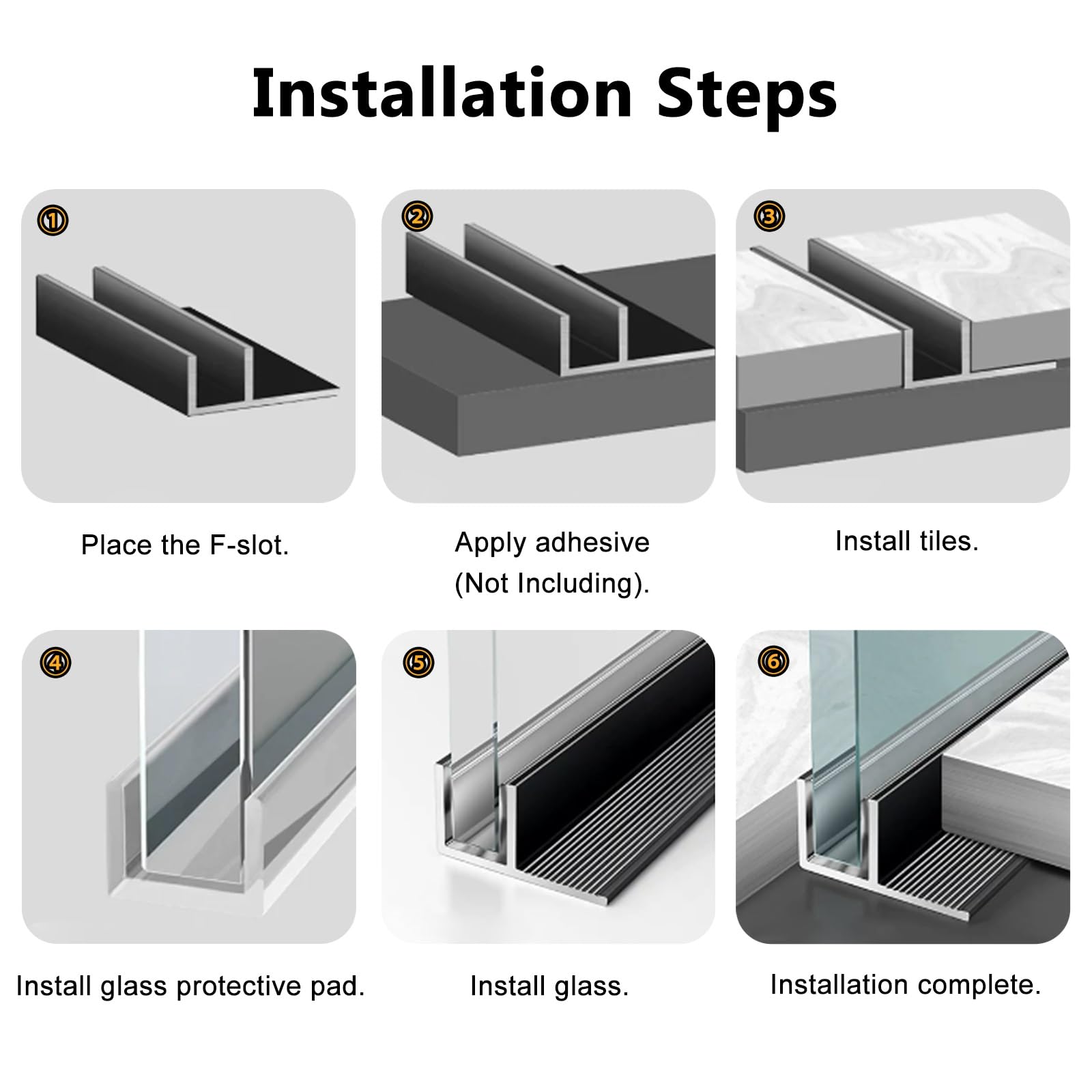 Binario fisso per porta della doccia, 10 mm, divisorio in vetro senza cornice, guida inferiore per bagno, balcone, scala, profilo in alluminio
