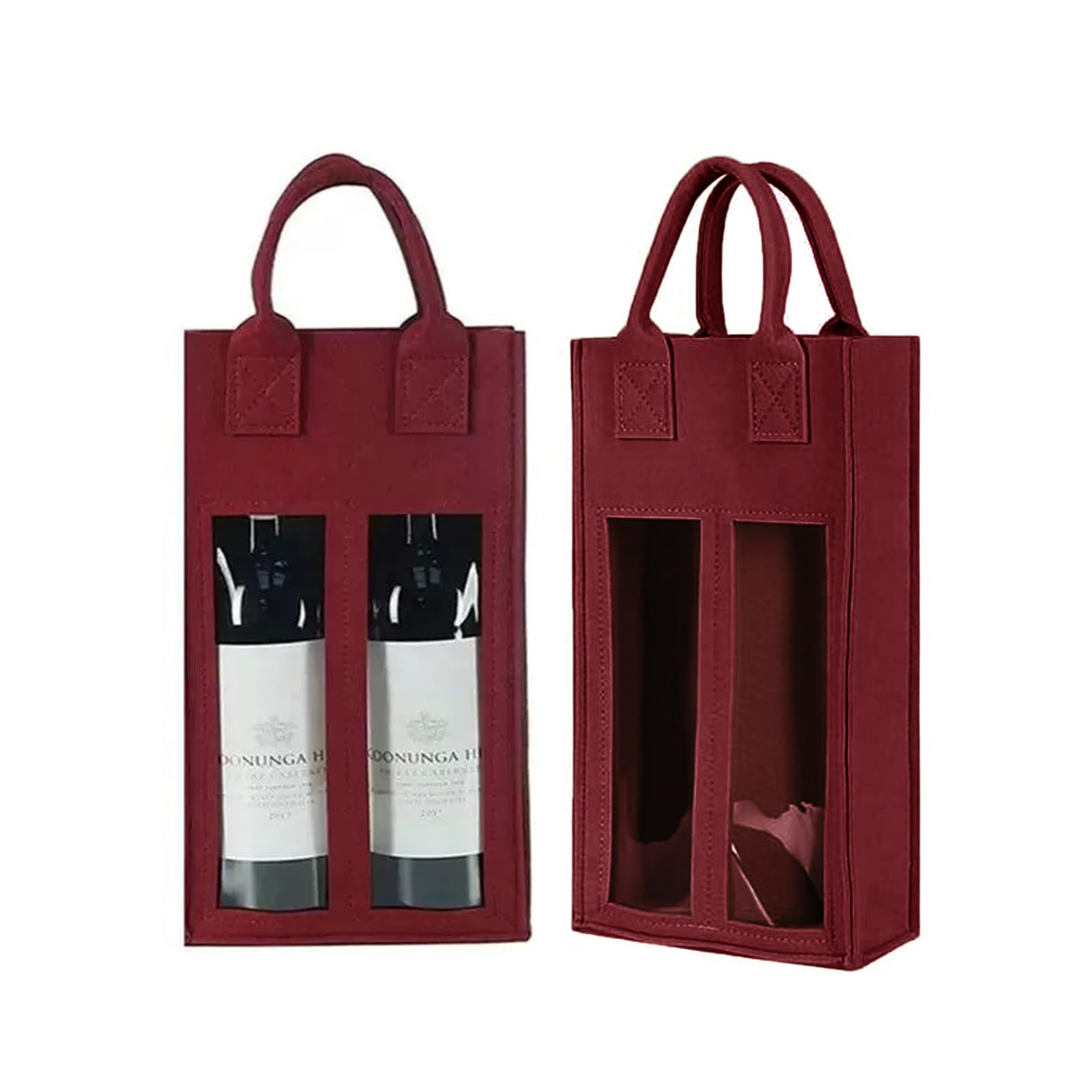 WyndShades Double Wine Bag with Window – Reusable Red Felt Wine Carrier Tote Bag with Handle, Perfect for Gift Wrap, Party Favors, Travel & Camping, Gift for Wine Lovers (1pc)