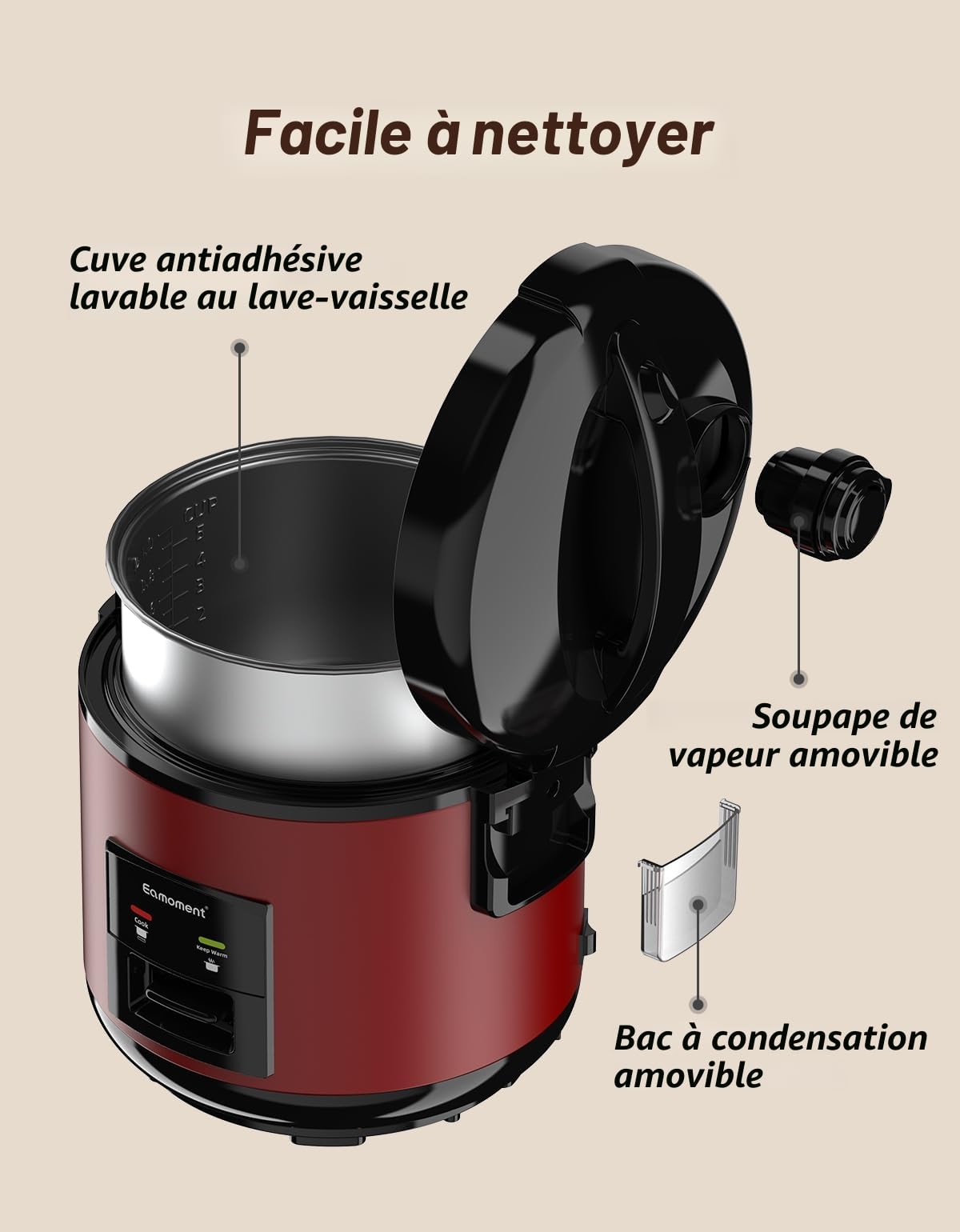 DRC-5020RD 1L|400W Cuiseurs à riz & insert vapeur (1ltr-5 tasses) Pour 1-5 personnes Cuisson rapide sans brûler marmite à revêtement antiadhésif, cuillère à riz et tasse à mesurer