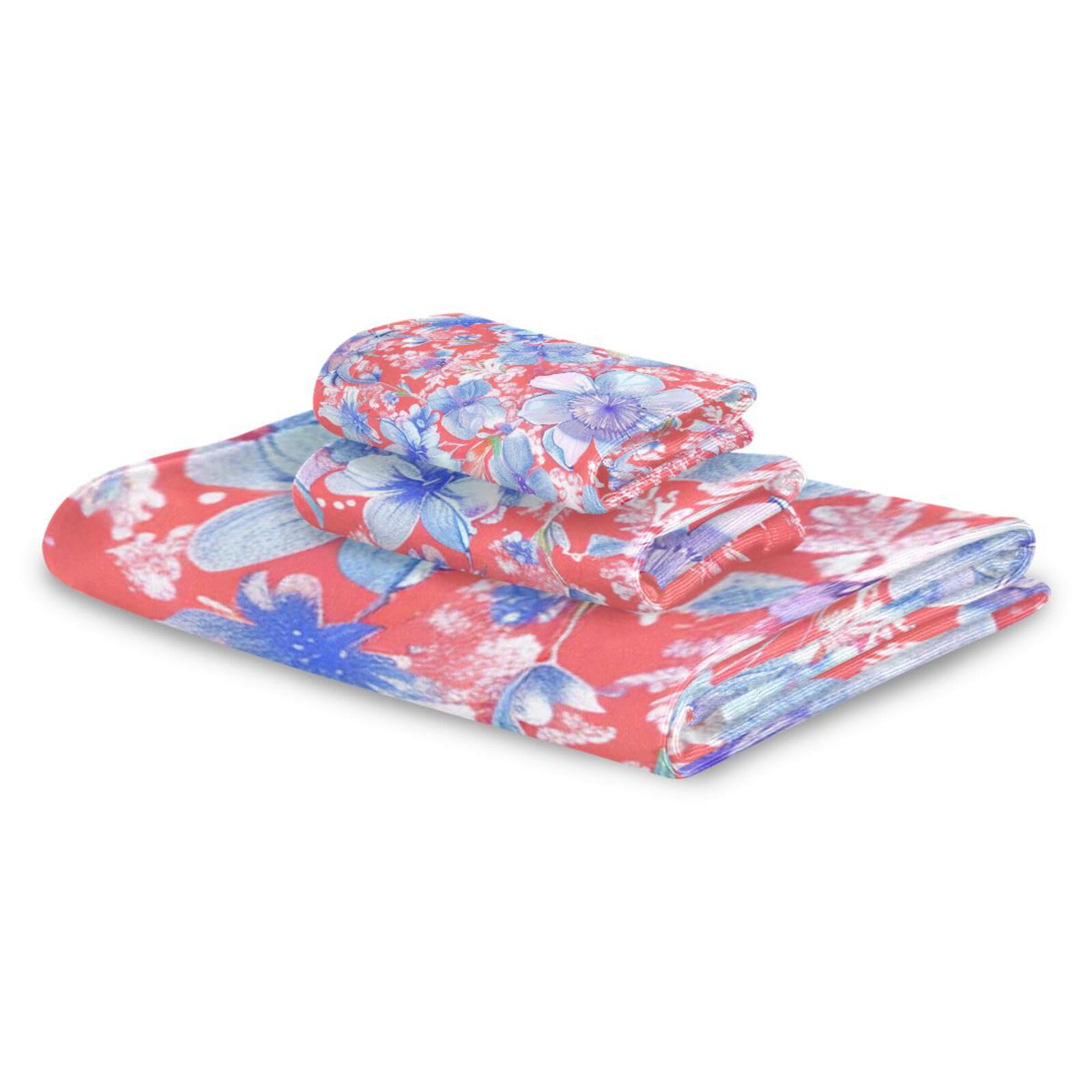 Set di 3 asciugamani da viso in stile bohémien, motivo floreale, rosso e blu, ad asciugatura rapida, 1 asciugamano da bagno, 1 asciugamano per le mani, 1 panno per yoga, bagno e cucina