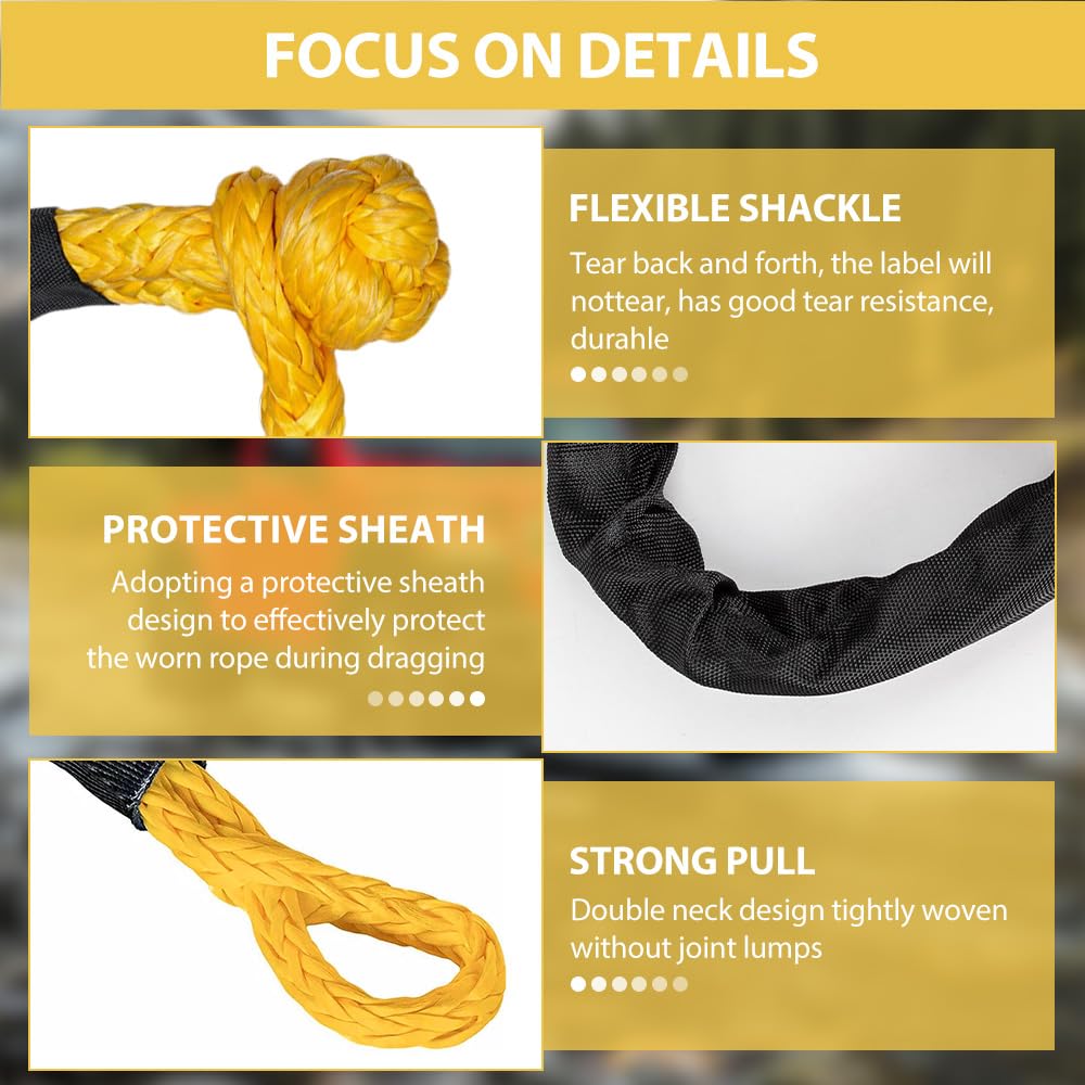 Lot de 2 manilles souples, résistance à la rupture 17T, corde de récupération synthétique avec protection de tuyau de sangle, manille souple pour récupération hors route, remorquage, camion